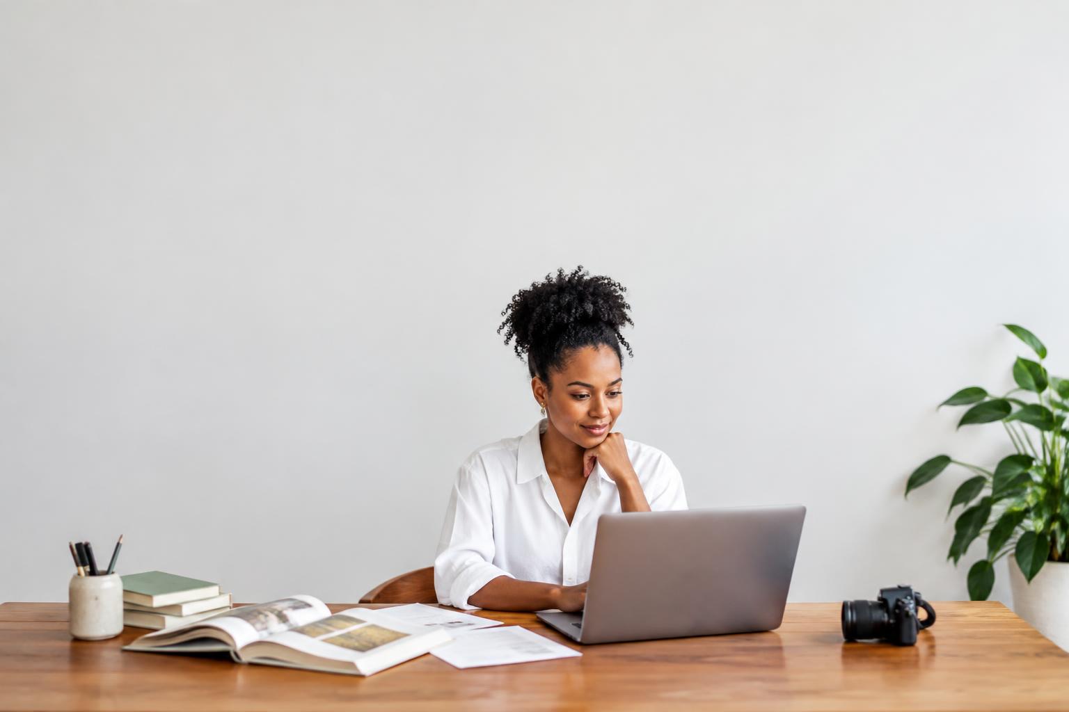 Professionnelle à son bureau avec un ordinateur, des documents et des livres
